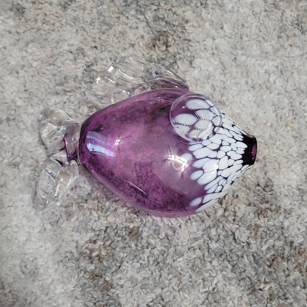 Hand Blown Art Glass Fish Purple White Figure Sculpture Paperweight Ornament